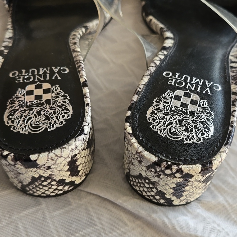 Vince Camuto Clear Strap Snake Print Block Heel Sandals - Black & White - Picture 3 of 8